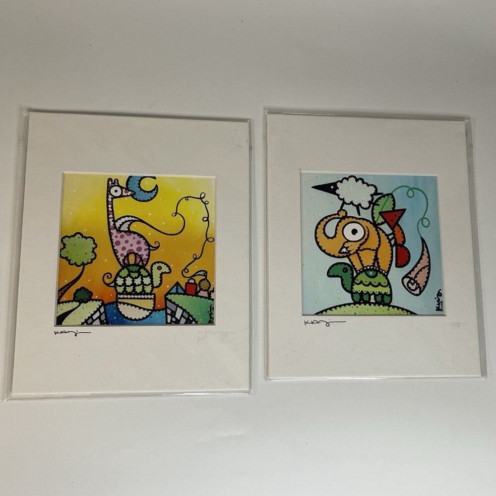 Ed King Pop Art 2 pc 2008 Animals Giraffe Turtle Elephant Sheep 8"x10" Signed